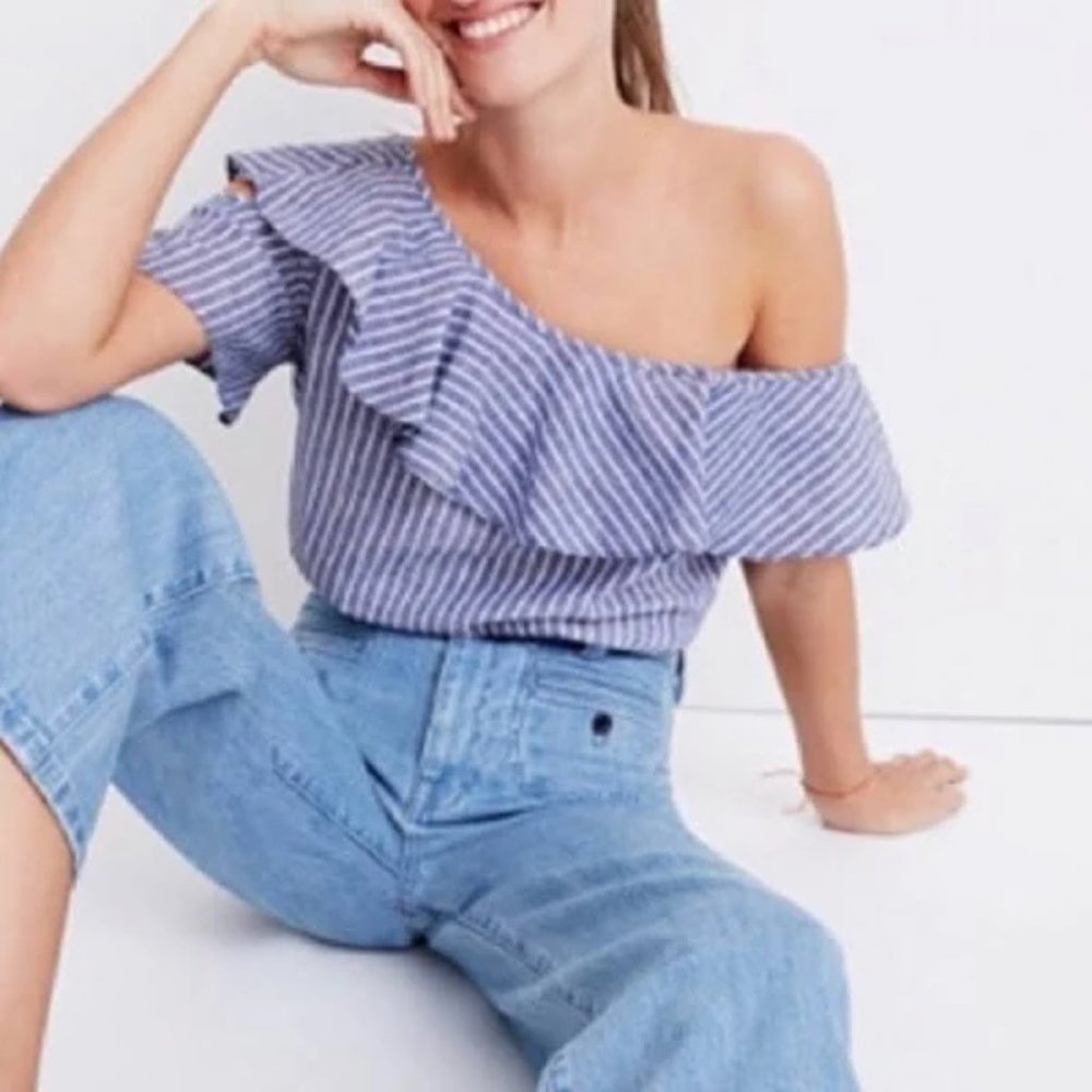 MADEWELL One Shoulder Ruffled Striped Top Size 4